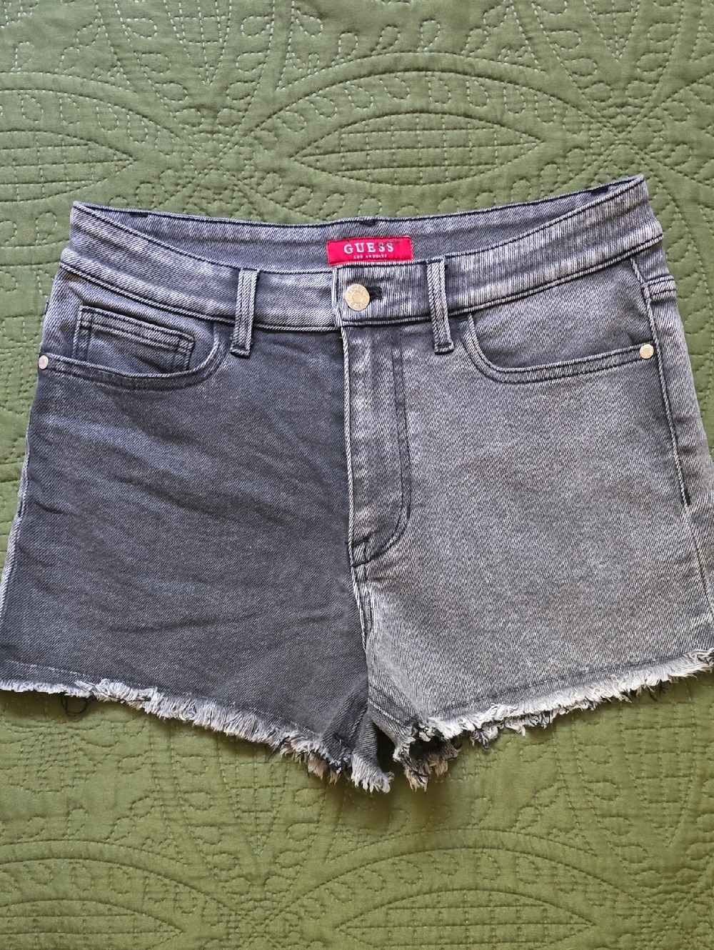 GUESS Two-Tone Black and Gray Denim Cutoff Shorts